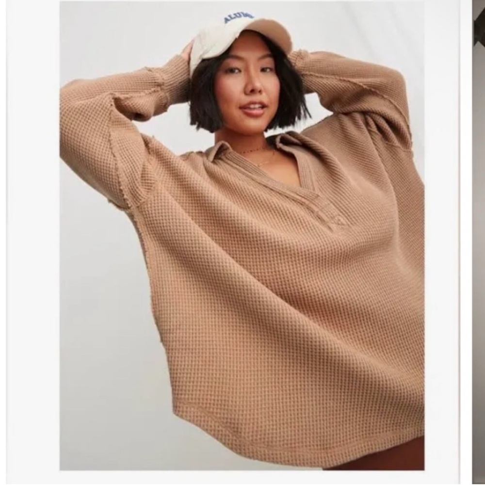 Aerie Lumberjane waffle polo sweatshirt, size XS oversized